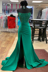 Glitter Emerald Green Strapless Beaded Mermaid Long Corset Prom Dress with Slit